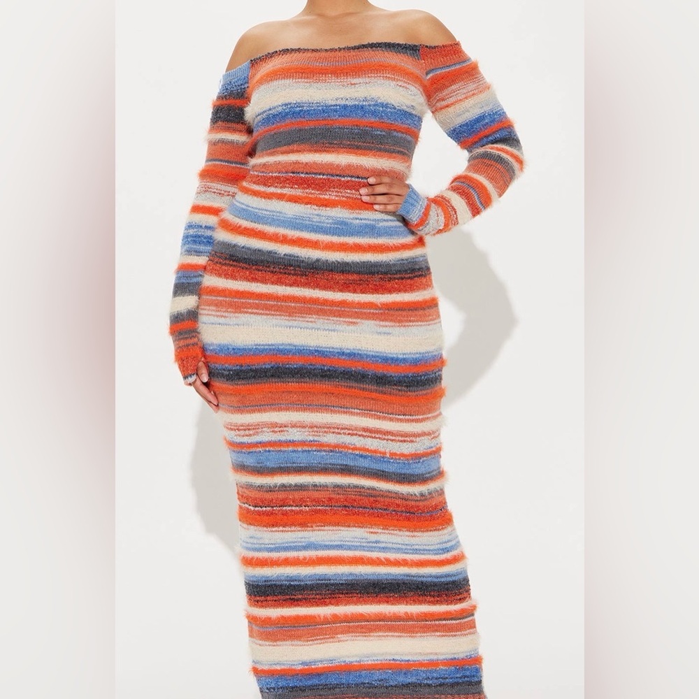 NWT FASHION NOVA Maxi Off Shoulder Sweater Dress Multicolored Sz Large